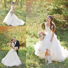 the bride and groom are posing for pictures