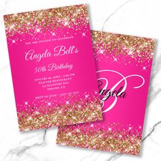 pink and gold glitter birthday party card