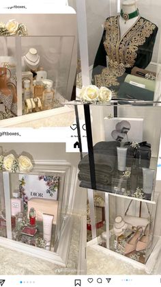 several pictures of different items in a display case with flowers and other things behind them