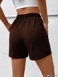 Orcajump - Plus Size Sports Shorts, Women's Plus Letter Print Elastic Drawstring High Rise Shorts With Pockets Comfortable Leisure Brown Bottoms, Comfortable Brown Leisure Bottoms, High-waist Elastic Leisure Shorts, Summer Athleisure Brown Bottoms, Brown Summer Sports Bottoms, Sports Shorts Women, Sports Shorts, Shorts Women, High Rise Shorts