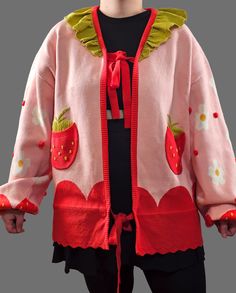 Strawberry Blossom Cardigan – Nyahallo Strawberry Cardigan, Strawberry Blossom, Pink Colour Scheme, Strawberry Aesthetic, Strawberry Flower, Strawberry Decorations, Green Details, Pink Color Schemes, Kawaii Fashion Outfits