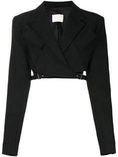 cropped cut-out blazer from DION LEE featuring black, cut-out detailing, notched lapels, side buckle fastening, long sleeves, two chest flap pockets and cropped. Black Crop Blazer, Cropped Black Blazer, Short Blazer Outfits, Cut Blazer, Special Clothes