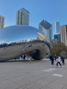 people are standing in front of a large shiny object