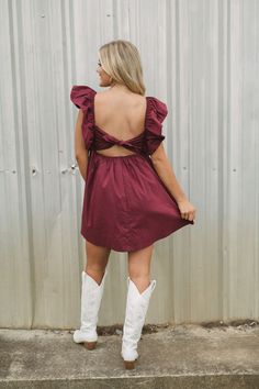 Tie Back Poplin Dress-Maroon – DIVALIFES Western Formal Dress, Maroon Mini Dresses, Sadie Hawkins Outfits, Western Formal Dresses, Bohemian Flowy Red Mini Dress, Maroon Game Day Dress, Spring Burgundy V-neck Mini Dress, Brown V-neck Mini Dress With Ruffle Hem, Casual Wedding Attire