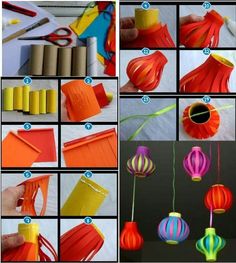 the instructions to make lanterns with paper and yarn are shown in this photo, including oranges, yellows, and pinks