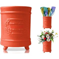 an orange utensil holder with flowers in it