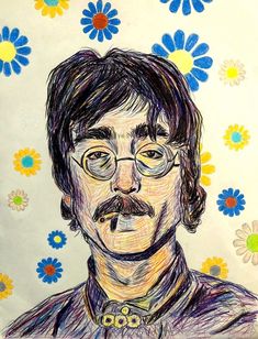 a drawing of a man with glasses and a moustache in front of flowers