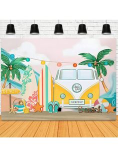 an image of a surfboard and van with palm trees on the beach wall mural