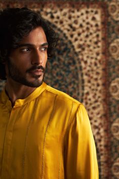 Elevate your wardrobe with our full sleeved yellow straight mens kurta, featuring subtle rice stitch embroidery on one side. This design perfectly balances simplicity and festivity. Paired with white straight pants for a more refined appearance, making it versatile for any occasion. Whether for a special event or a casual outing, this kurta ensures you stand out with confidence and style. Gold Chinon Straight Kurta, Gold Embroidered Straight Kurta Bandhgala, Yellow Fitted Straight Kurta, Yellow Cotton Sherwani Straight Kurta, Yellow Chinon Straight Kurta, Satin Color, Personal Shopper, Straight Pants, Special Events