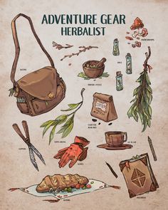 an advertisement for the adventure gear herbist, with various items and tools on it