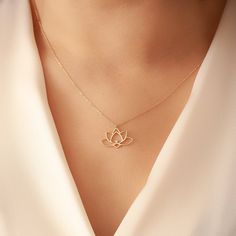 "14k Solid Gold Diamond Lotus Necklace, Dainty 14k solid gold and 0.01 ct diamond lotus flower necklace is a great gift for her. Material: Solid Gold (real gold, not gold plated or gold filled material) Available Gold Karat: 14K (585), and 18K (750) Pendant Width: 2.10 cm Pendant Height: 1.50 cm Diamond weight: 0.01 ct Diamond color: G-H Diamond clarity: SI You can customize your chain length and thickness. Chain Length - 14 inches (choler) (choker) Chain Length - 16 inches adjustable 15 inches Elegant Lotus Flower Jewelry For Wedding, Elegant Lotus Flower Jewelry Gift, Elegant Flower Pendant Necklace For Meditation, Gold Floral Necklace, Pretty Gold Necklaces, Necklace For Neckline, Hand Jewelry Rings, Lotus Flower Necklace, Lotus Yoga