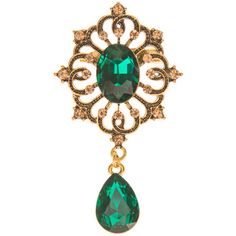 Accent all of your favorite outfits with incredible jewelry! Vintage Rhinestone Brooch features a metal design with a large acrylic green rhinestone center and faceted drop stone. Pin this brooch on your outfit for an adorable and classy accent piece!       Details:          Length: 2 3/4"       Width: 1 5/8"  Metal Color: Gold         Card contains 1 brooch. Silver Scarf, Green Brooch, Persian Wedding, Safety Pin Brooch, Vintage Rhinestone Brooch, Gilded Age, Cameo Brooch, Fabric Bolts, Rhinestone Brooches