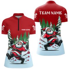 a red and white shirt with santa clause on the front, while it says team name