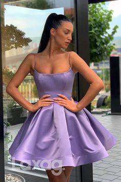 12132 - Scoop A-Line Strap Pleated Satin Short Party Dress - Laxag Short Purple Dresses, Purple Prom Dress Short, Purple Homecoming, Purple Short Dress, Purple Prom, Mini Prom Dresses, Purple Dresses, Purple Prom Dress, Satin Short