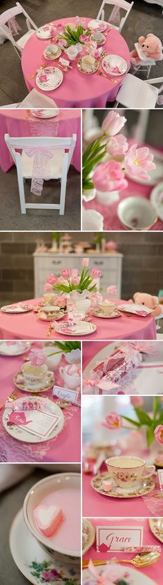 the table is set with pink and white plates