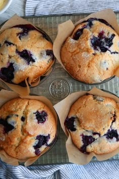 blueberry muffins sitting on top of a baking pan next to some berries