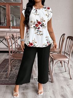 Plus Size Round Neck Floral Print Top + Solid Color Pants Summer Two Piece Outfit Multicolor Casual  Short Sleeve Fabric Floral,Plants  Non-Stretch  Women Plus Clothing, size features are:Bust: ,Length: ,Sleeve Length: Summer Two Piece Outfits, Summer Two Piece, Color Pants, Solid Color Pants, Pants Summer, Floral Print Tops, Solid Tops, Two Piece Outfit, Print Top