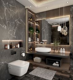 a modern bathroom with marble walls and flooring