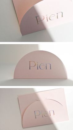 three different business cards with the word pien on them, one in pink and one in blue