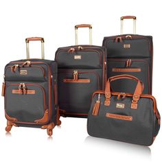 Travel lighter than ever with this 4-piece softside luggage set. The softside design can collapse a bit to fit more easily into tight spaces (compared to hardside); The lightweight construction helps you adhere to airline weight restrictions and avoid unneeded airport fees which make it best suitcase for domestic and international travel. The interior has great organization as well as tie down straps so your clothes dont move around. Spinner wheels make it wasy to glide through the airport. Luggage Ideas, Black Suitcase, Vegan Purse, Travel Luggage Set, Casual Handbags, Travel Bag Set, Stylish Luggage, Designer Luggage, Lightweight Suitcase