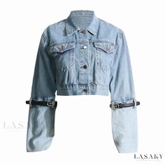 Lasaky - Contemporary Belted Turn Up Hybrid Long Sleeve Button Up Crop Denim Jacket for Fashion Enthusiasts Designer Denim Jacket, Crop Denim Jacket, Baseball Fashion, Denim Jacket Fashion, Belt Design, Denim Blazer, Cropped Denim Jacket, Jacket Long, Denim Design