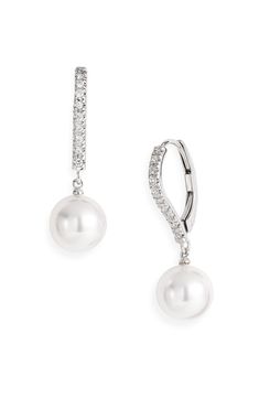 Luminous Akoya pearls dangling from a line of glistening diamonds make elegant handcrafted earrings. 7/8" drop. Pearl size: 7.5-8mm. Lever-back closure. Total diamond weight: 0.08ct. Color: G. Clarity: VS. Grade A+ Akoya cultured pearls/diamonds/18k white gold. By Mikimoto; made in the USA of imported materials. Asian Owned. Earrings Celtic, Long Bridal Earrings, Park Lane Jewelry, Prom Look, True Summer, Wedding Bridesmaid Jewelry, Bridal Earrings Drop, Celtic Design, Greek Wedding