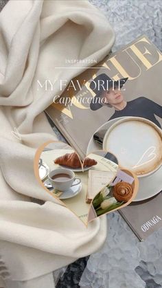 the cover of my favorite magazine, cappuccino with coffee and croissants