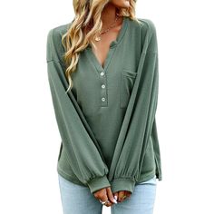 Green Solid Color Knit Button Long Sleeve Tops Spring Button-up Henley With Buttons, Spring Button-up Henley, Fall Henley Neckline Tops With Button Cuffs, Winter Relaxed Fit Tops With Buttons, Casual Henley Blouse For Fall, Casual Henley Neckline Blouse For Fall, Green Knit Tops With Buttons, V-neck Winter Top With Button Cuffs, Green Button Closure Top For Fall