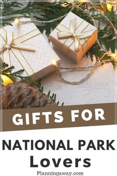 gifts for national park lovers with pine cones and evergreens in the background text reads, gifts for national park lovers