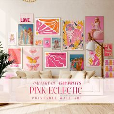 a living room filled with furniture and pictures on the wall above it is a pink electric printable wall art