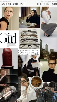 a collage of photos with women in glasses, coffee cups, and other items