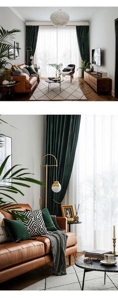 two pictures of a living room with green curtains and leather couches, one in front of the other