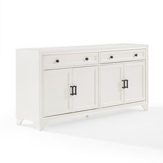 a white cabinet with three doors and two drawers