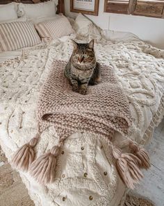 a cat sitting on top of a bed covered in blankets