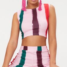 Light Pink Multi Thick Stripe Curve Hem Crop Top Summer Fitted Color Block Crop Top, Fitted Color Block Crop Top For Summer, Playful Sleeveless Crop Top For Spring, Trendy Spring Crop Top With Color Block, Chic Multicolor Crop Top For Summer, Trendy Spring Color Block Crop Top, Playful Pink Crop Top For Spring, Chic Multicolor Crop Top For Spring, Bardot Crop Top