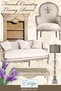 the french country living room is decorated in white and beiges, with lavender flowers