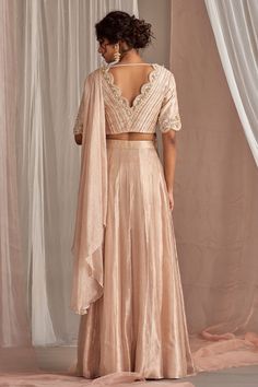 Buy Beige Crinkle Tissue Hand Embroidered Sequins V Neck Draped Blouse And Lehenga Set For Women by Nidhika Shekhar Online at Aza Fashions. Scalloped Blouse, Organza Lehenga, Rose Champagne, Draped Blouse, Designer Dresses Indian, Designer Gowns, Embroidered Blouse, Set For Women, Aza Fashion