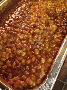 baked beans are being cooked in the oven for dinner or dessert, ready to be eaten