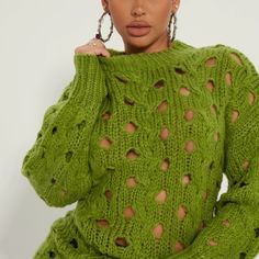 Beautiful Green Oversized Fashionable Sweater. With A Beautiful Hole Design. May Be Worn With A Tank Underneath. Generously Sized May Fit Small To Large. Nwot Winter Knit Sweater With Hollow Out Design, Winter Knit Sweater With Hollow-out Details, Winter Hollow-out Knit Sweater, Trendy Hollow Out Sweater For Winter, Oversized Open Knit Green Sweater, Oversized Green Open Knit Sweater, Green Long Sleeve Open Knit Outerwear, Denim Sweater, Oversized Sweater