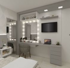 a bedroom with white furniture and lights on the wall, along with a flat screen tv