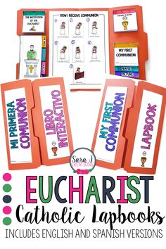 an orange folder with spanish words on it and the title, eucharst catholic lapbooks includes english and spanish versions