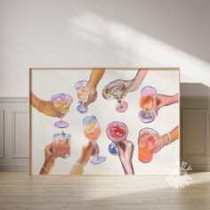 a large painting on the wall with people's hands holding glasses and drinks in it