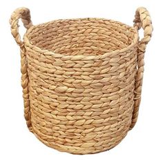 a woven basket with rope handles on the bottom is shown in front of a white background