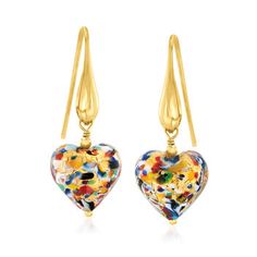 Ross-Simons - Italian Multicolored Murano Glass Heart Drop Earrings Over Sterling. An RS exclusive. Set your sights on these swoon-worthy multicolored earrings! Made in Italy, uniquely crafted Murano glass hearts beam with every color of the rainbow. Suspended from 18kt yellow gold over sterling silver drops, these earrings offer a sweet but vibrant element to your look. Hanging length is 1 3/8". Murano glass is unique and will vary. Earwire, Murano glass multicolored heart drop earrings. Multicolored Earrings, Gold Heart Stud Earrings, Glass Hearts, Gold Heart Studs, Sterling Silver Heart Necklace, Sterling Silver Bead Bracelet, Sterling Silver Bangle Bracelets, Luxury Earrings, Silver Bead Bracelet