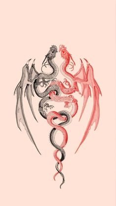 a drawing of a dragon with wings and a snake on it's back side