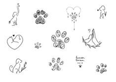 several drawings of dogs and cats with hearts in the shape of heart shaped balloons on white paper