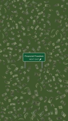 a street sign surrounded by money falling from it's sides in front of a green background