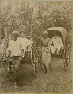 an old black and white photo of three men in carriages