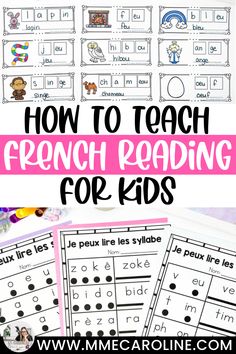 how to teach french reading for kids with pictures and text on the front, in pink