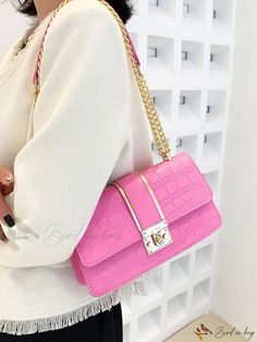 Bird in Bag - Embroidered Chain Flap Square Bag Pink Details, Crocodile Print, Embroidered Bag, Print Style, Bird In Bag, Bag Bag, Square Bag, Pink Bag, Emboss